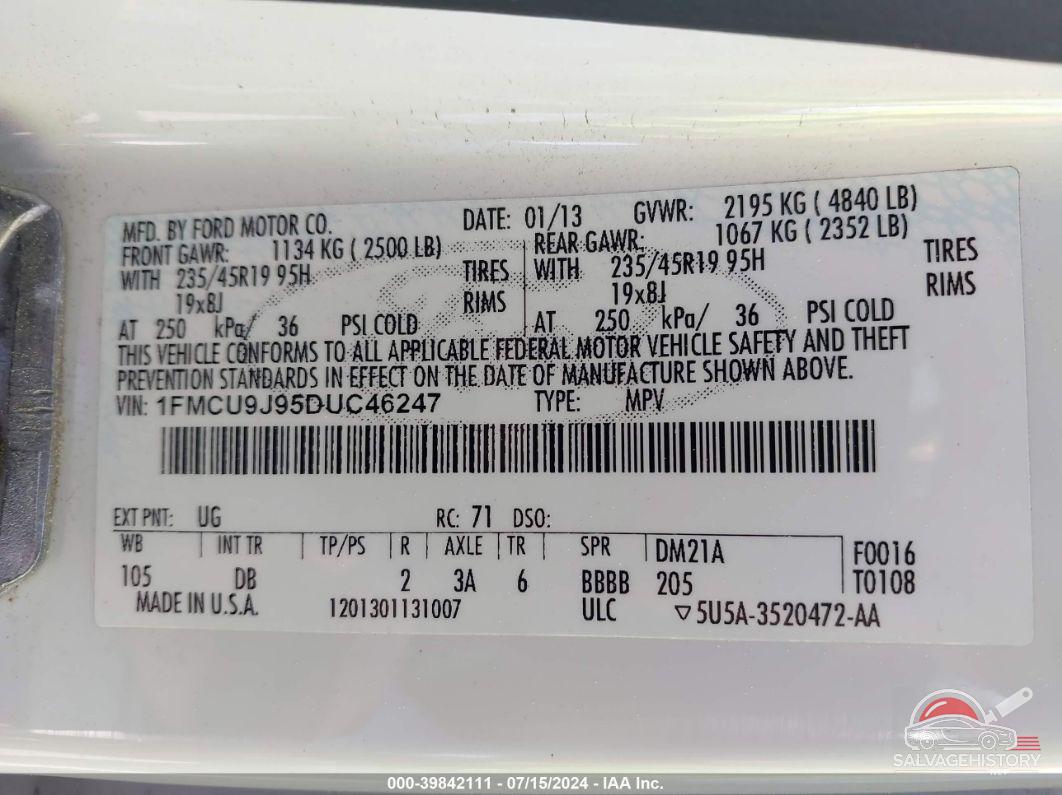 1FMCU9J95DUC46247 2013 FORD ESCAPE photo no. 9