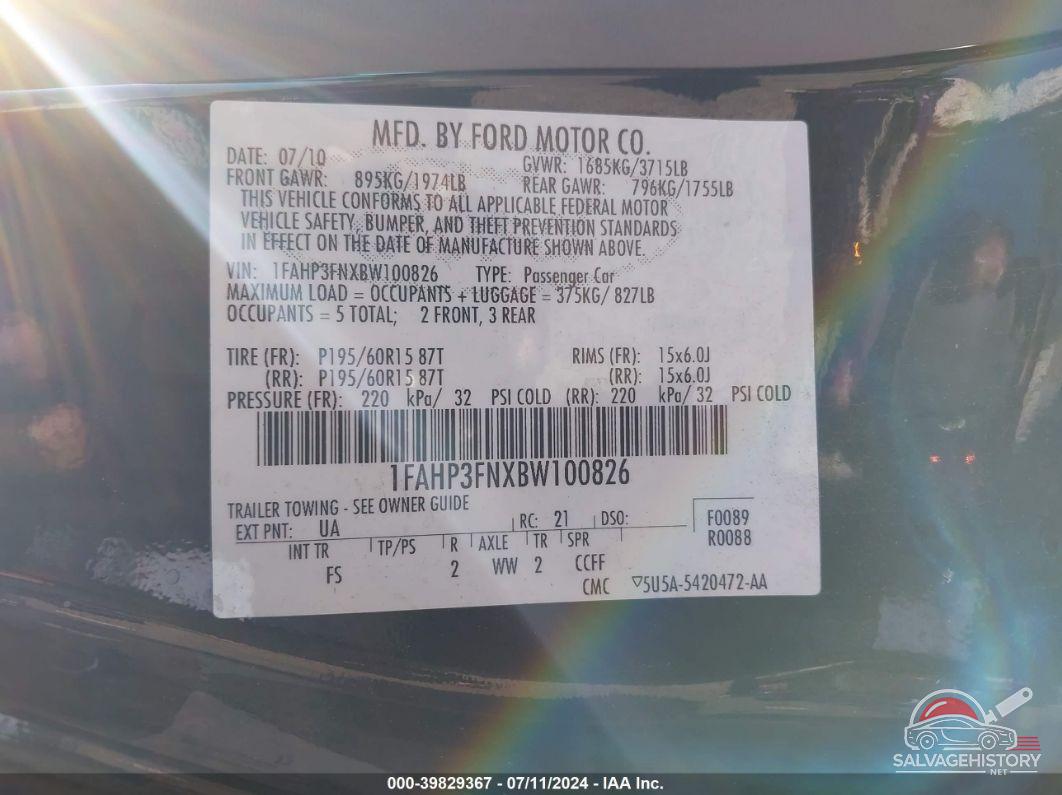 1FAHP3FNXBW100826 2011 FORD FOCUS photo no. 9