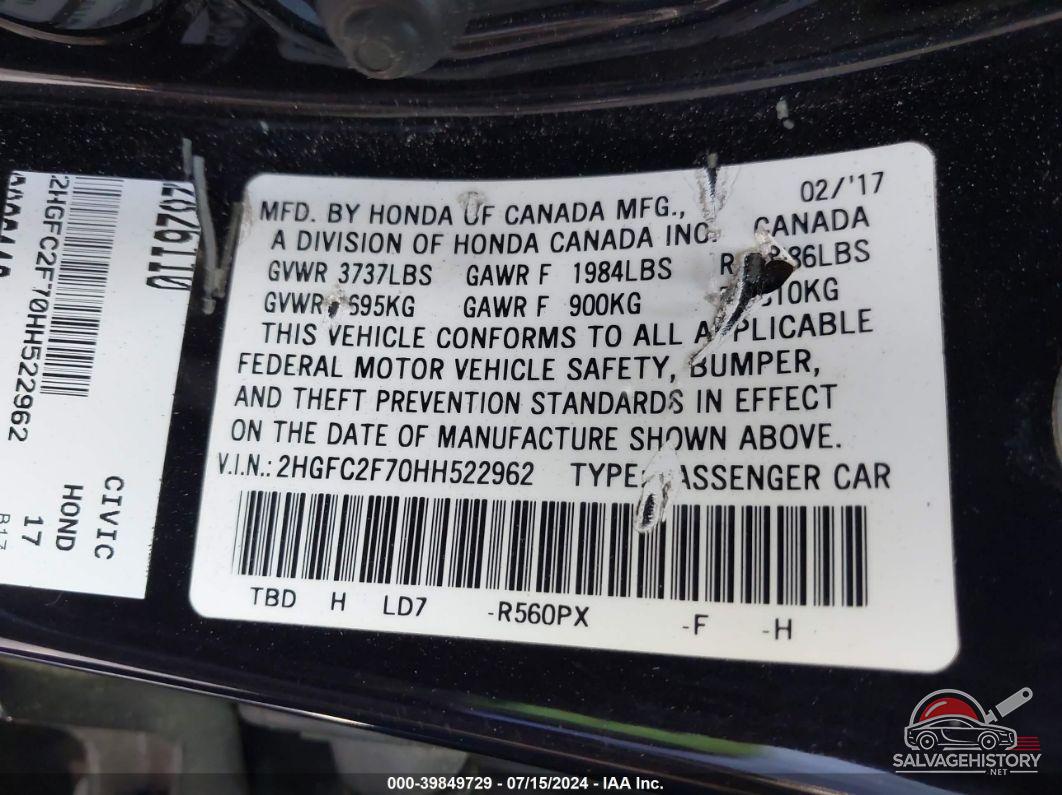 2HGFC2F70HH522962 2017 HONDA CIVIC photo no. 9