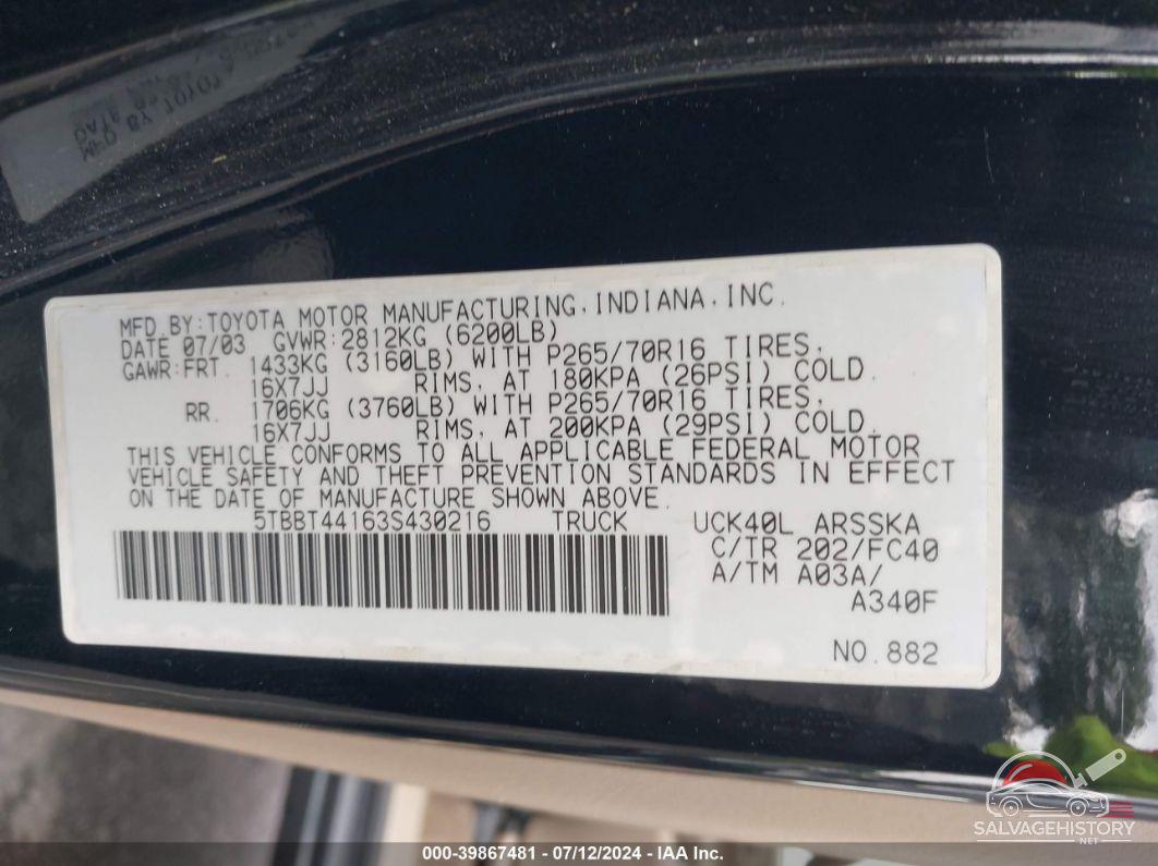 5TBBT44163S430216 2003 TOYOTA TUNDRA photo no. 9