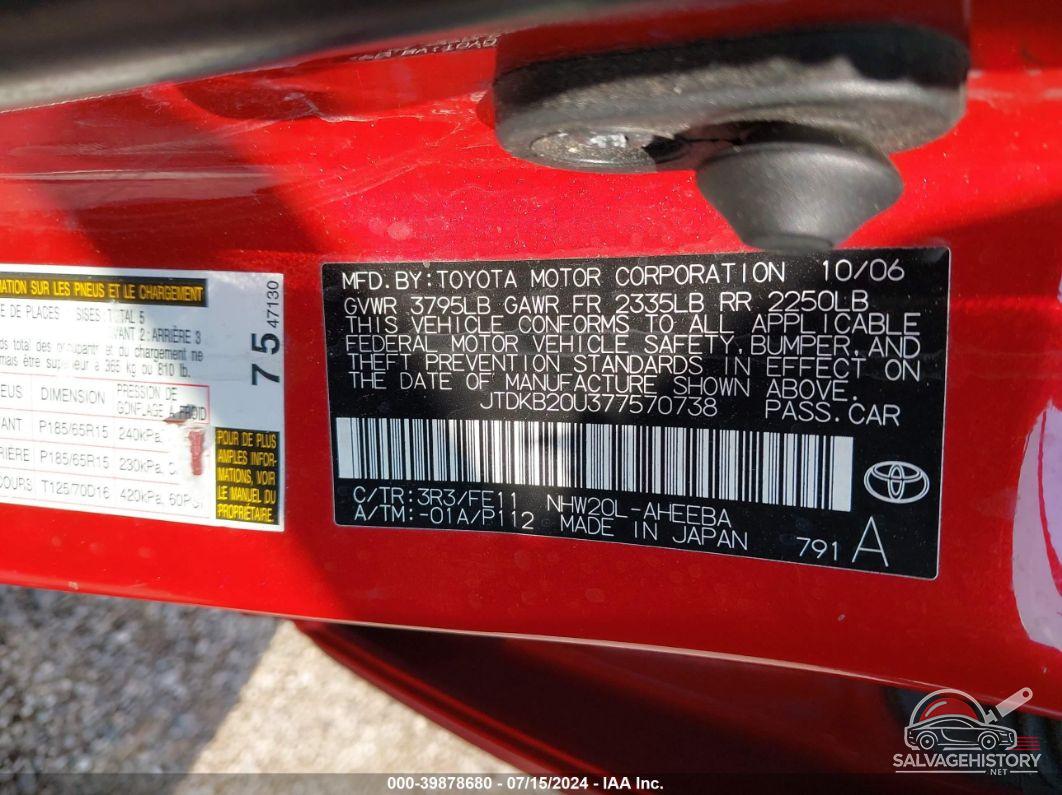 JTDKB20U377570738 2007 TOYOTA PRIUS photo no. 9