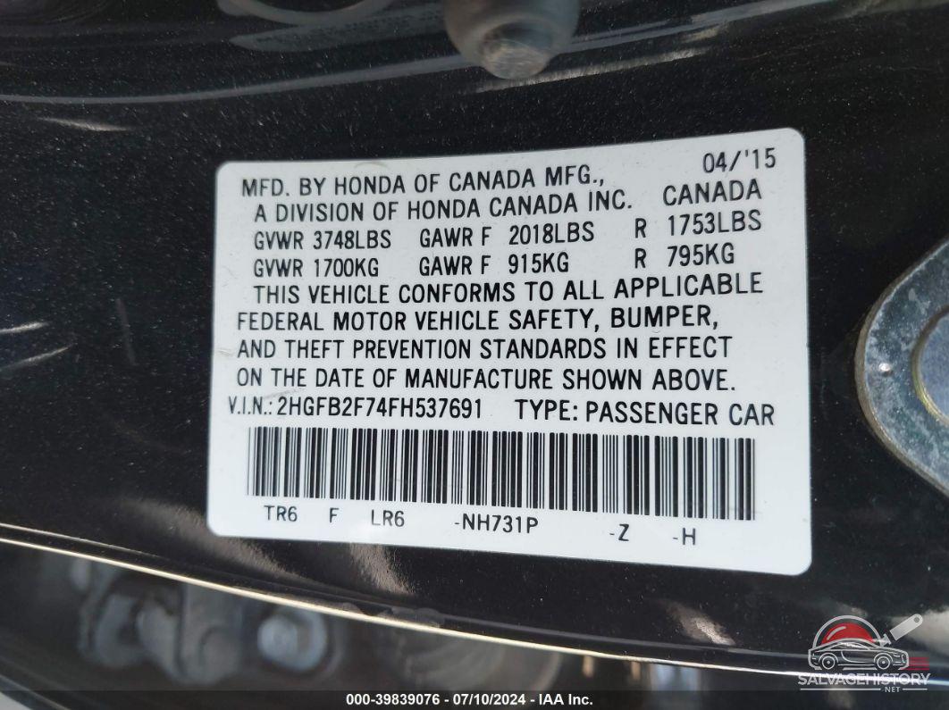 2HGFB2F74FH537691 2015 HONDA CIVIC photo no. 9