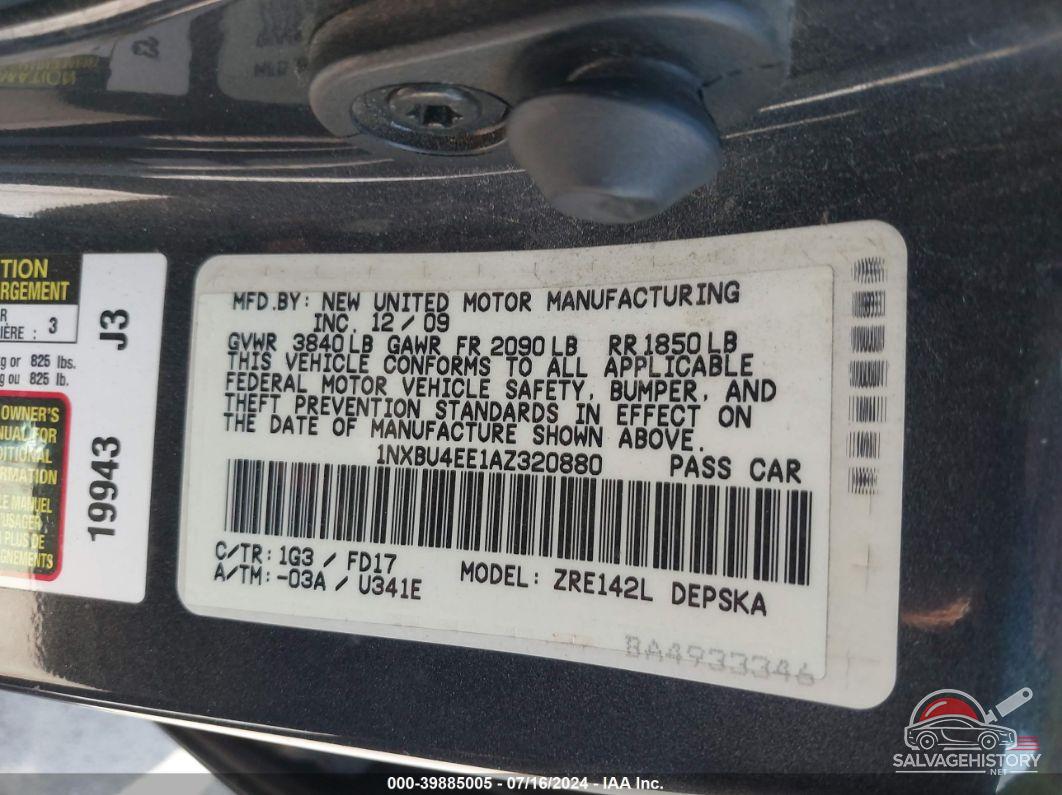 1NXBU4EE1AZ320880 2010 TOYOTA COROLLA photo no. 9