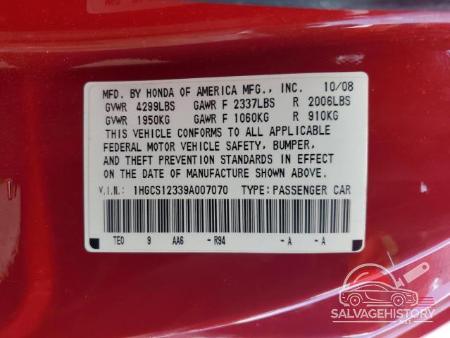 1HGCS12339A007070 2009 HONDA ACCORD photo no. 12