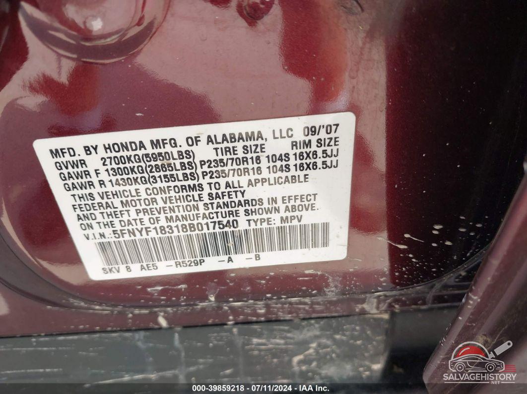 5FNYF18318B017540 2008 HONDA PILOT photo no. 9