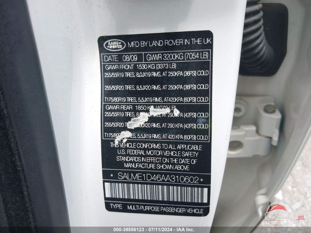 SALME1D46AA310602 2010 LAND ROVER RANGE ROVER photo no. 9