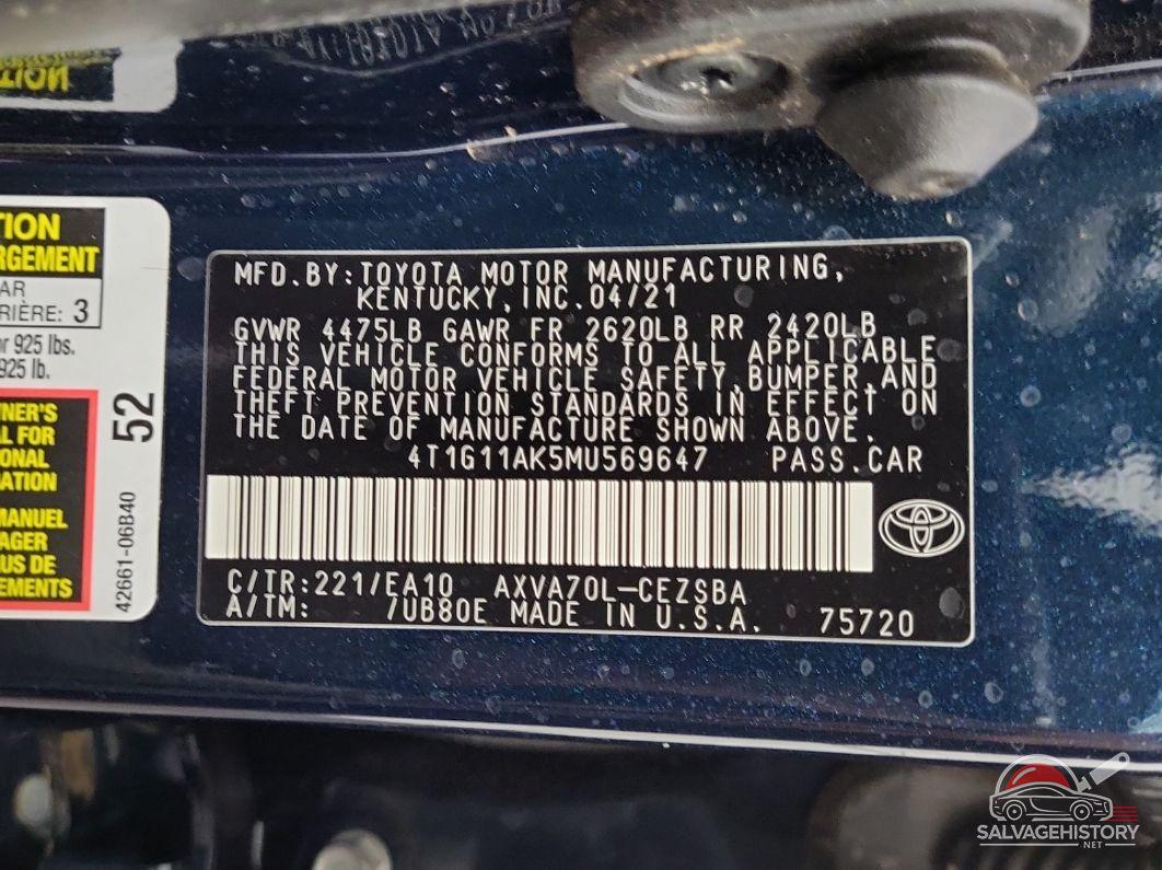 4T1G11AK5MU569647 2021 TOYOTA CAMRY photo no. 10