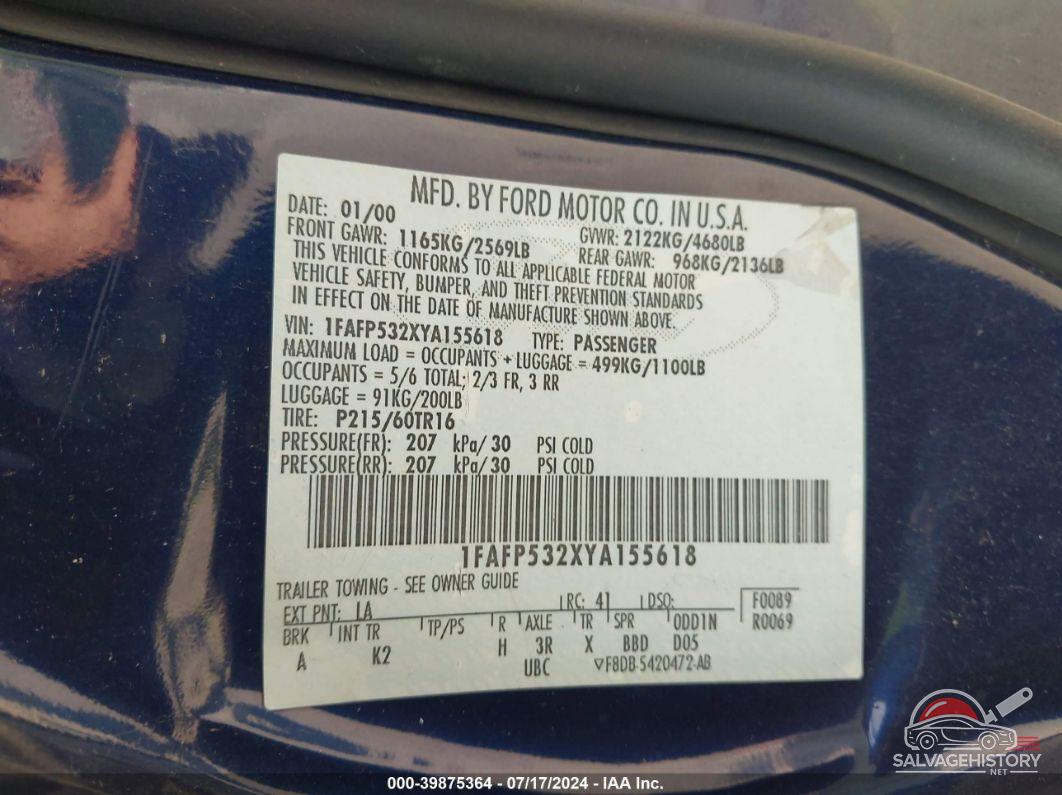 1FAFP532XYA155618 2000 FORD TAURUS photo no. 9