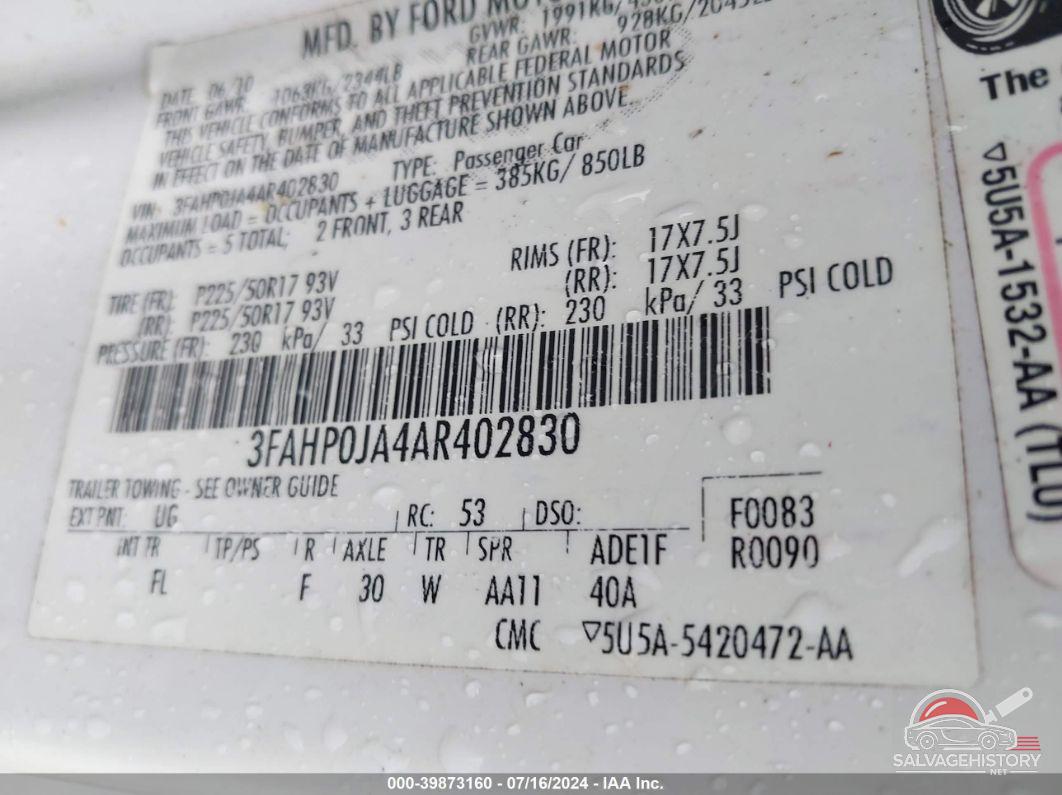 3FAHP0JA4AR402830 2010 FORD FUSION photo no. 9