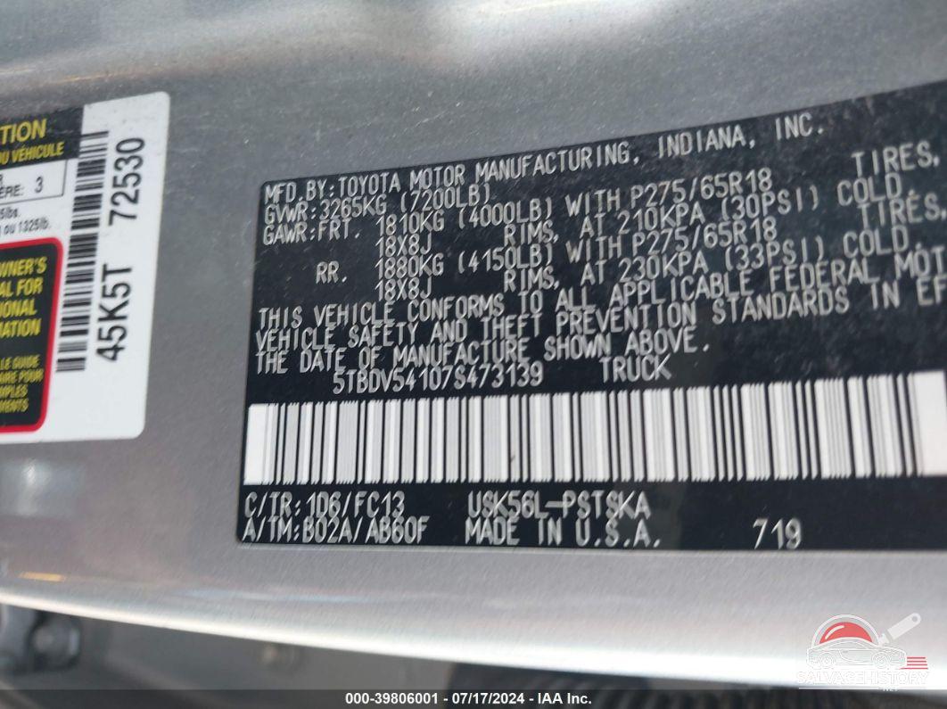 5TBDV54107S473139 2007 TOYOTA TUNDRA photo no. 9