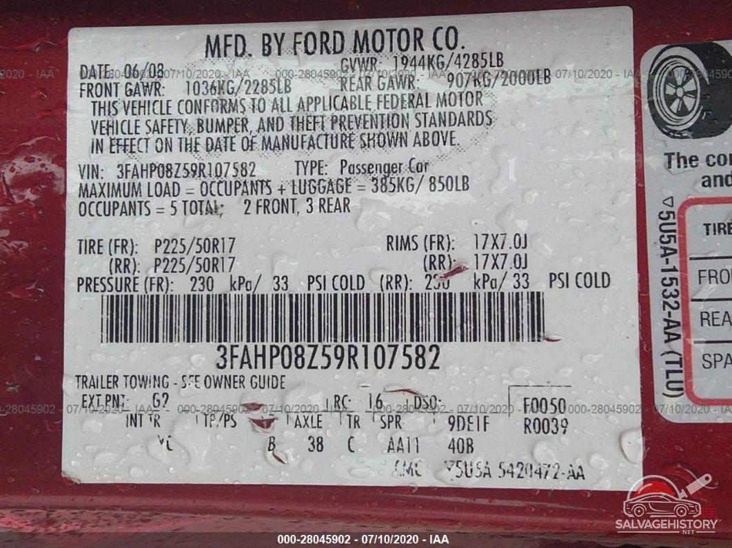 3FAHP08Z59R107582 2009 FORD FUSION photo no. 9