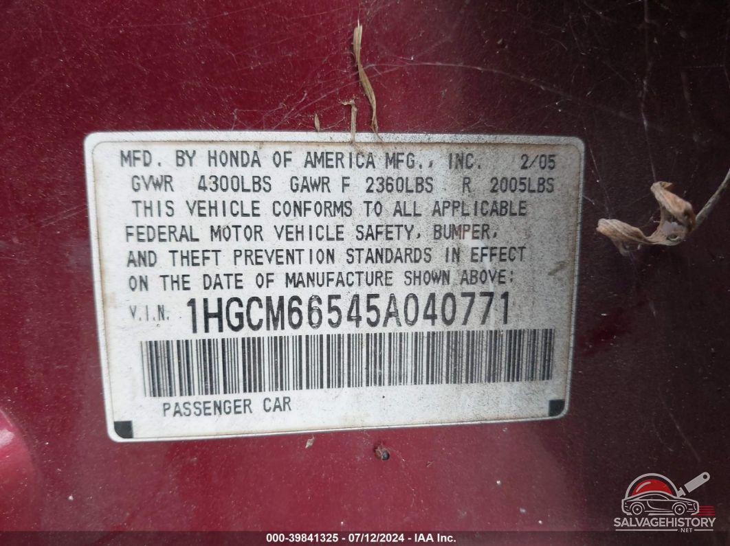 1HGCM66545A040771 2005 HONDA ACCORD photo no. 9