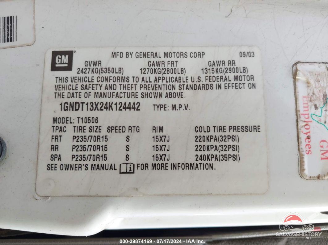 1GNDT13X24K124442 2004 CHEVROLET BLAZER photo no. 9