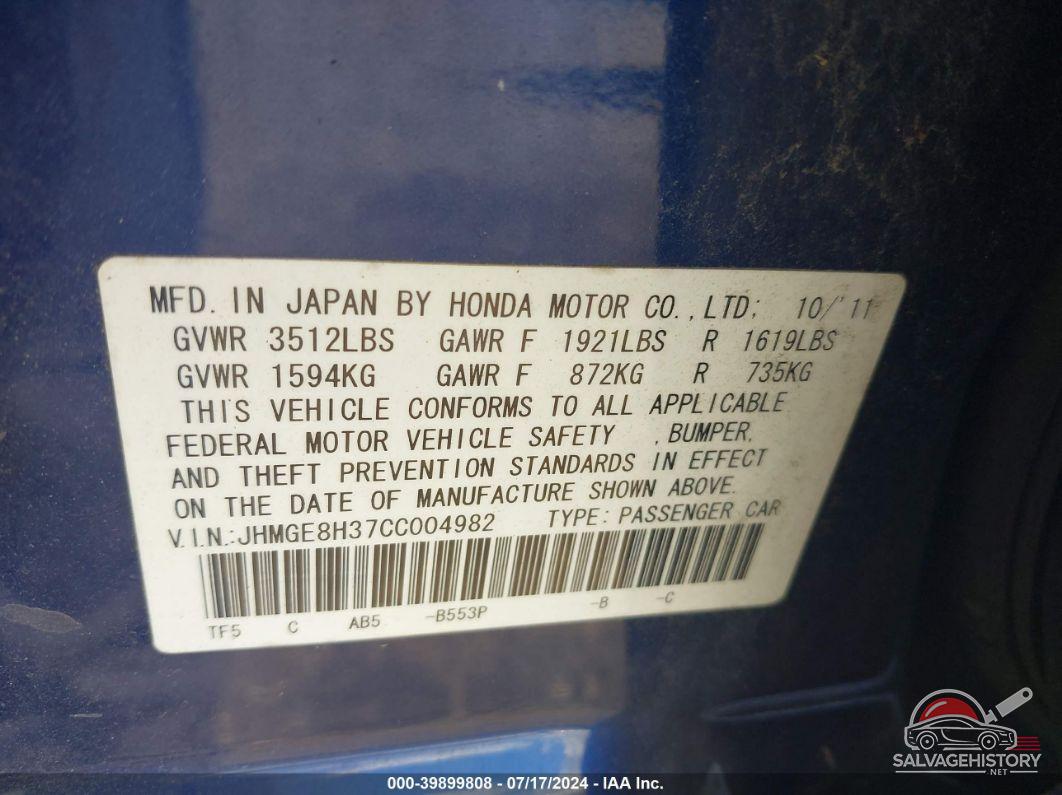 JHMGE8H37CC004982 2012 HONDA FIT photo no. 9