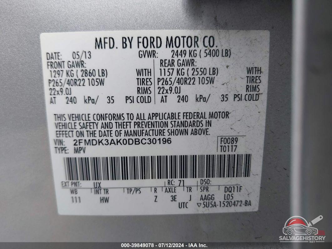 2FMDK3AK0DBC30196 2013 FORD EDGE photo no. 9