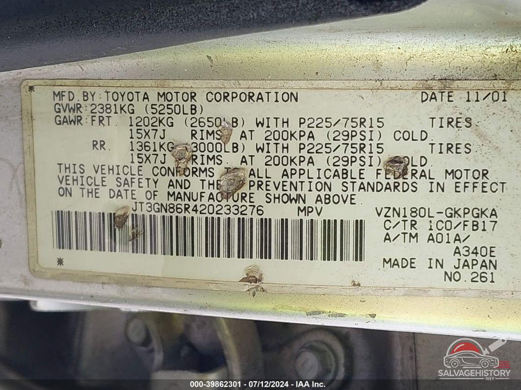 JT3GN86R420233276 2002 TOYOTA 4RUNNER photo no. 9