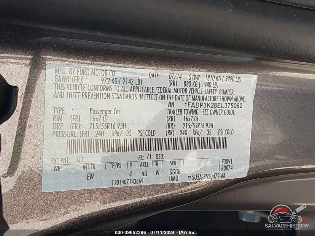 1FADP3K28EL375062 2014 FORD FOCUS photo no. 9
