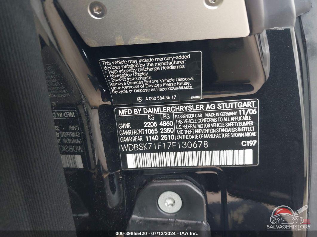 WDBSK71F17F130678 2007 MERCEDES-BENZ SL 550 photo no. 9