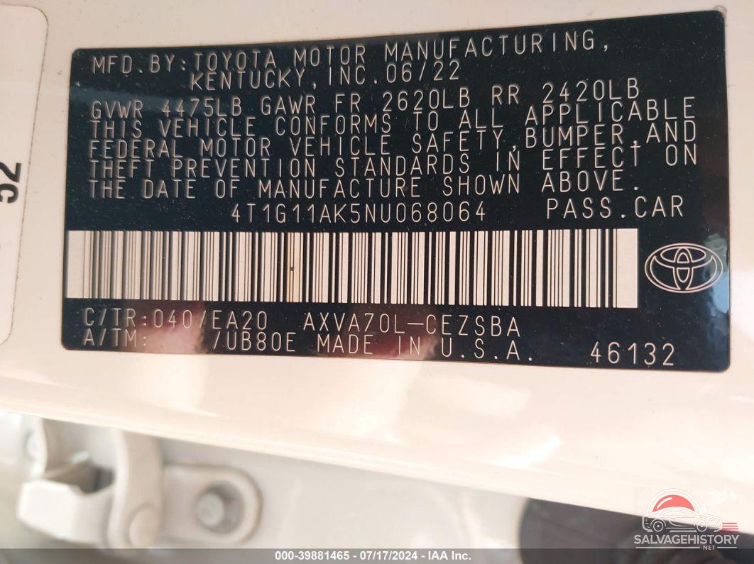4T1G11AK5NU068064 2022 TOYOTA CAMRY photo no. 9