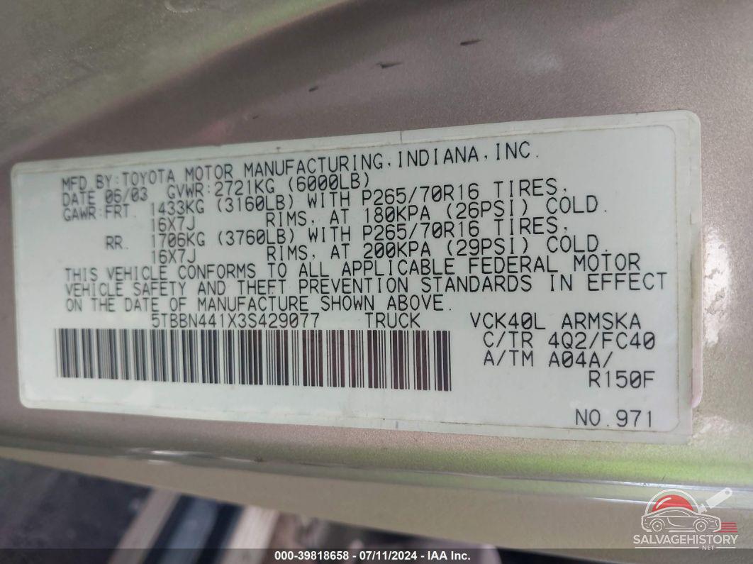 5TBBN441X3S429077 2003 TOYOTA TUNDRA photo no. 9