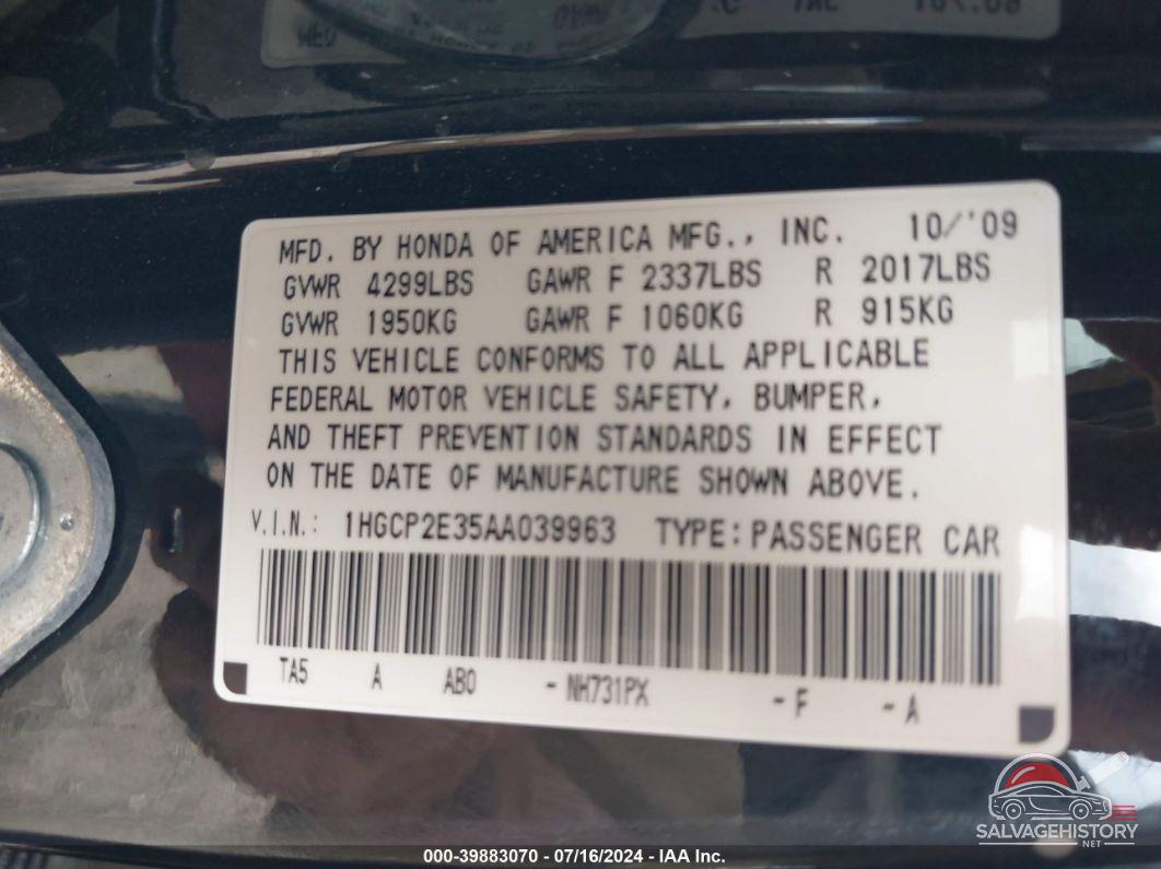 1HGCP2E35AA039963 2010 HONDA ACCORD photo no. 9