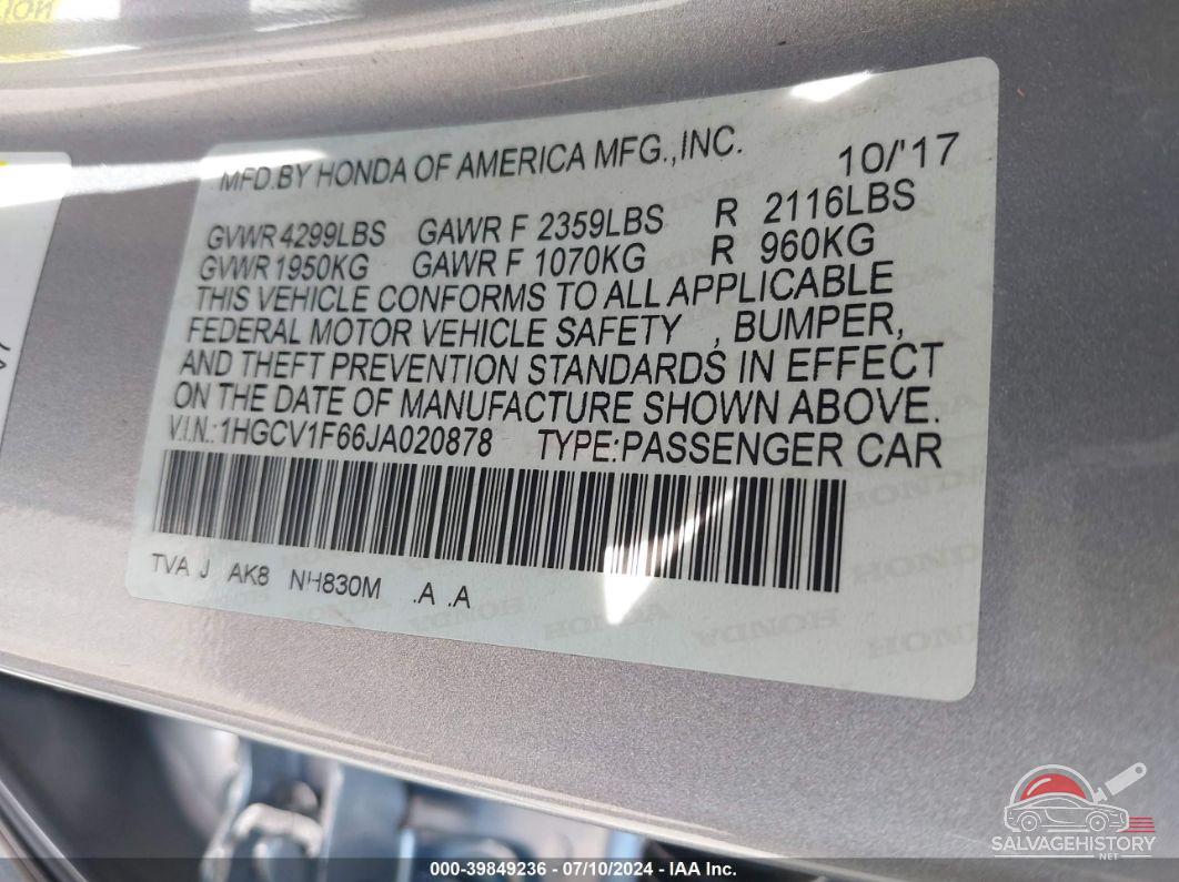 1HGCV1F66JA020878 2018 HONDA ACCORD photo no. 9