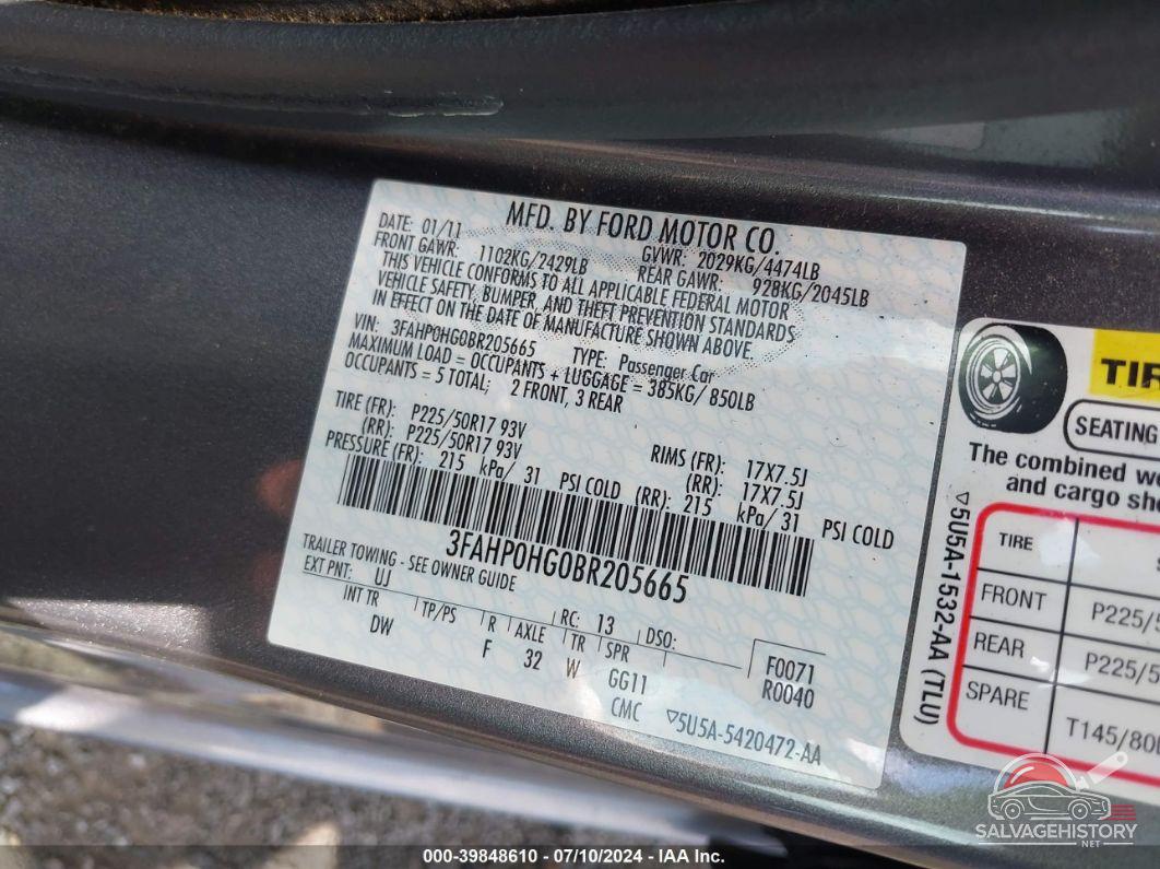 3FAHP0HG0BR205665 2011 FORD FUSION photo no. 9