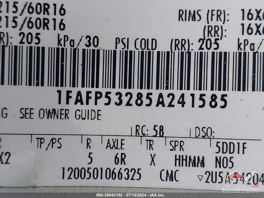 1FAFP53285A241585 2005 FORD TAURUS photo no. 9