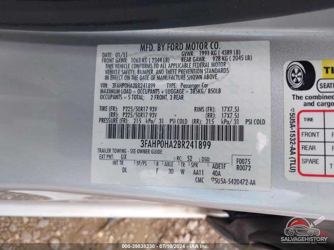 3FAHP0HA2BR241899 2011 FORD FUSION photo no. 9