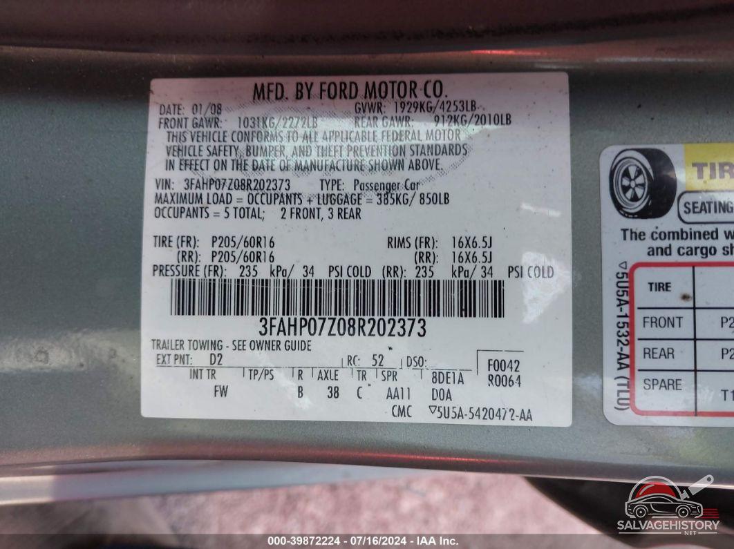 3FAHP07Z08R202373 2008 FORD FUSION photo no. 9