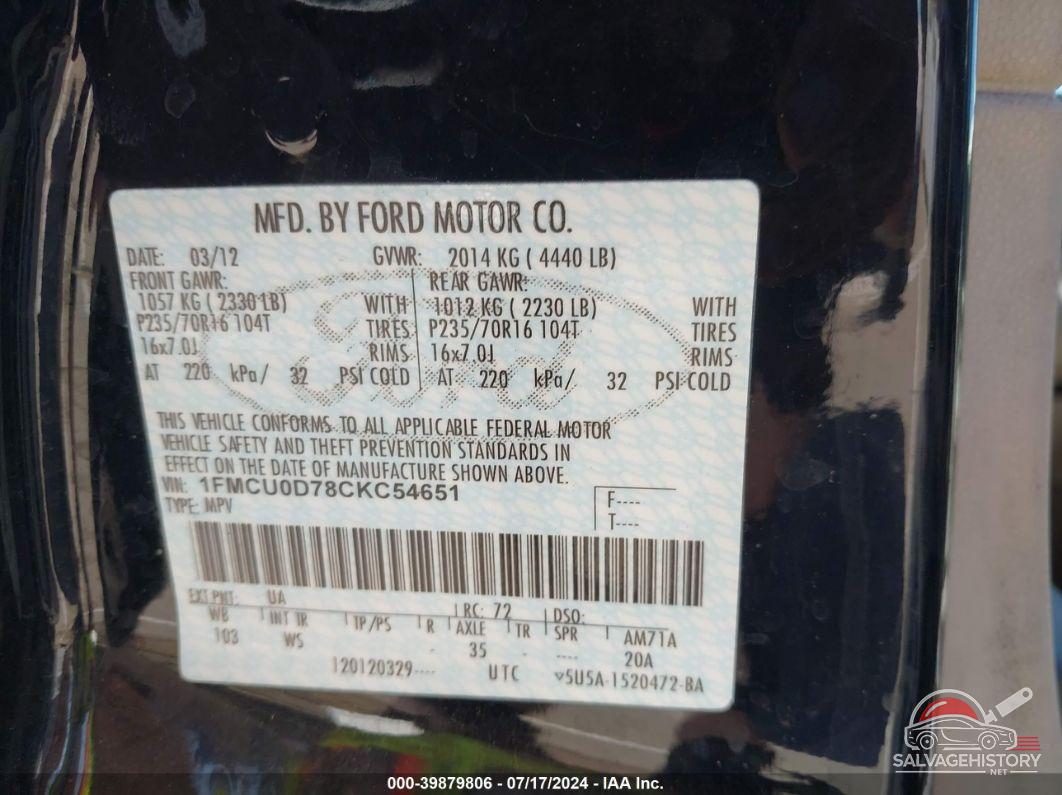1FMCU0D78CKC54651 2012 FORD ESCAPE photo no. 9