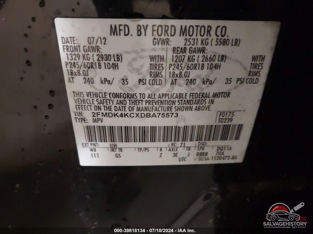 2FMDK4KCXDBA75573 2013 FORD EDGE photo no. 9