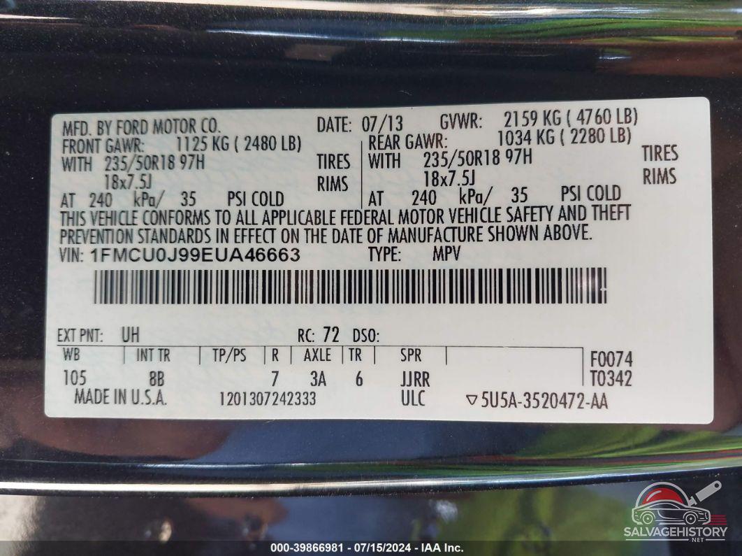 1FMCU0J99EUA46663 2014 FORD ESCAPE photo no. 9