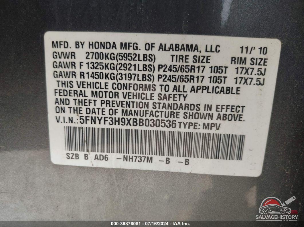 5FNYF3H9XBB030536 2011 HONDA PILOT photo no. 9