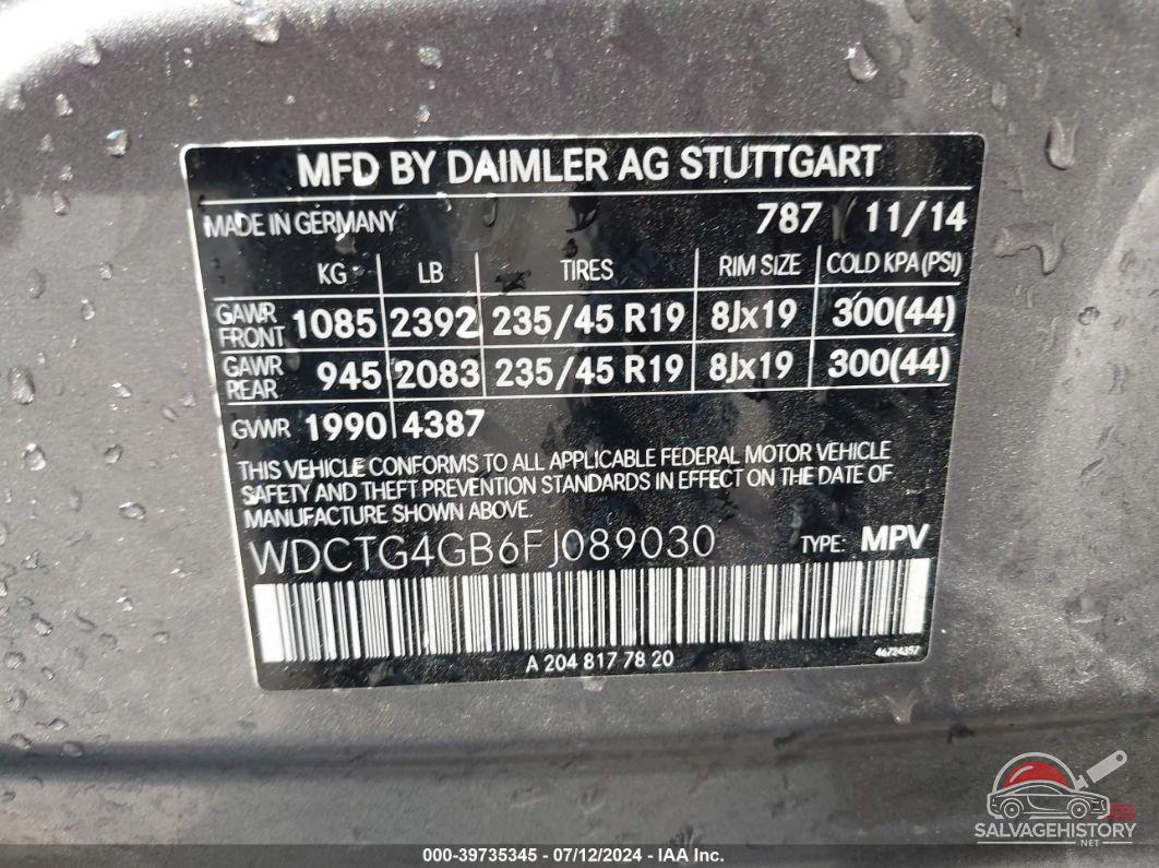 WDCTG4GB6FJ089030 2015 MERCEDES-BENZ GLA 250 photo no. 9