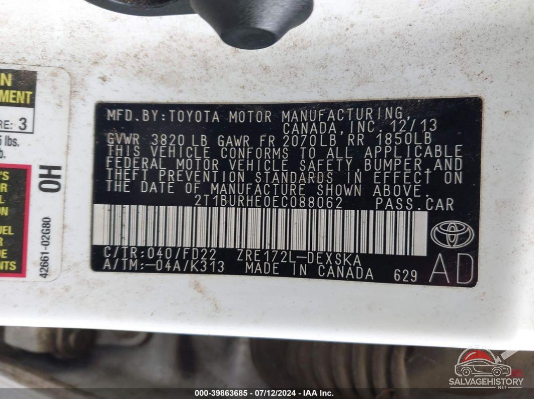 2T1BURHE0EC088062 2014 TOYOTA COROLLA photo no. 9