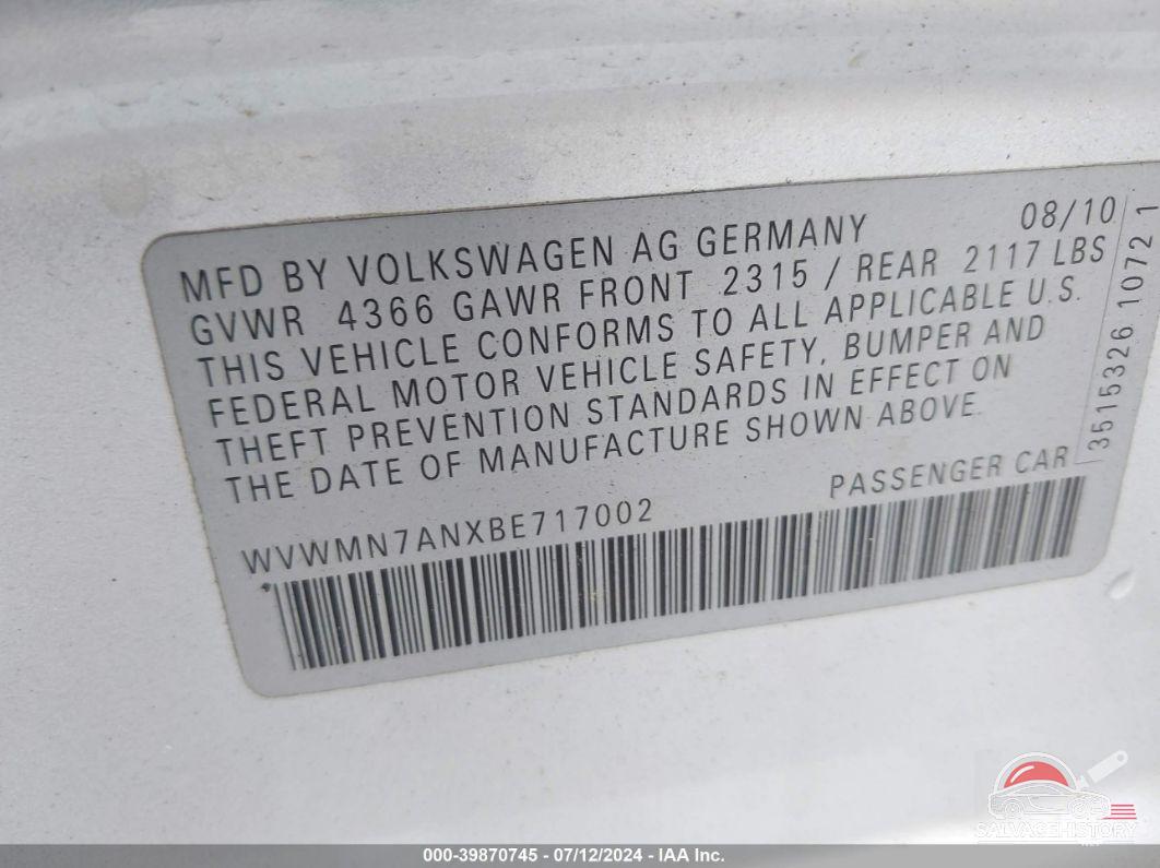 WVWMN7ANXBE717002 2011 VOLKSWAGEN CC photo no. 9