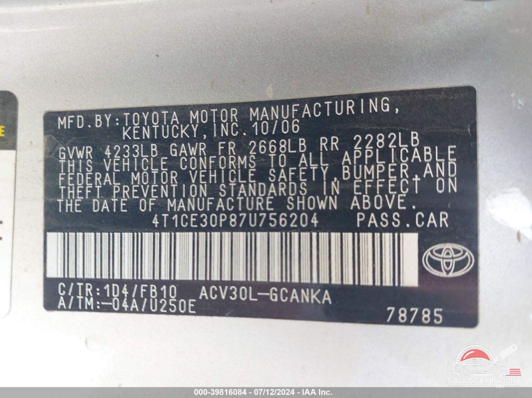 4T1CE30P87U756204 2007 TOYOTA CAMRY SOLARA photo no. 9