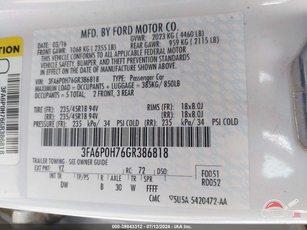 3FA6P0H76GR386818 2016 FORD FUSION photo no. 9