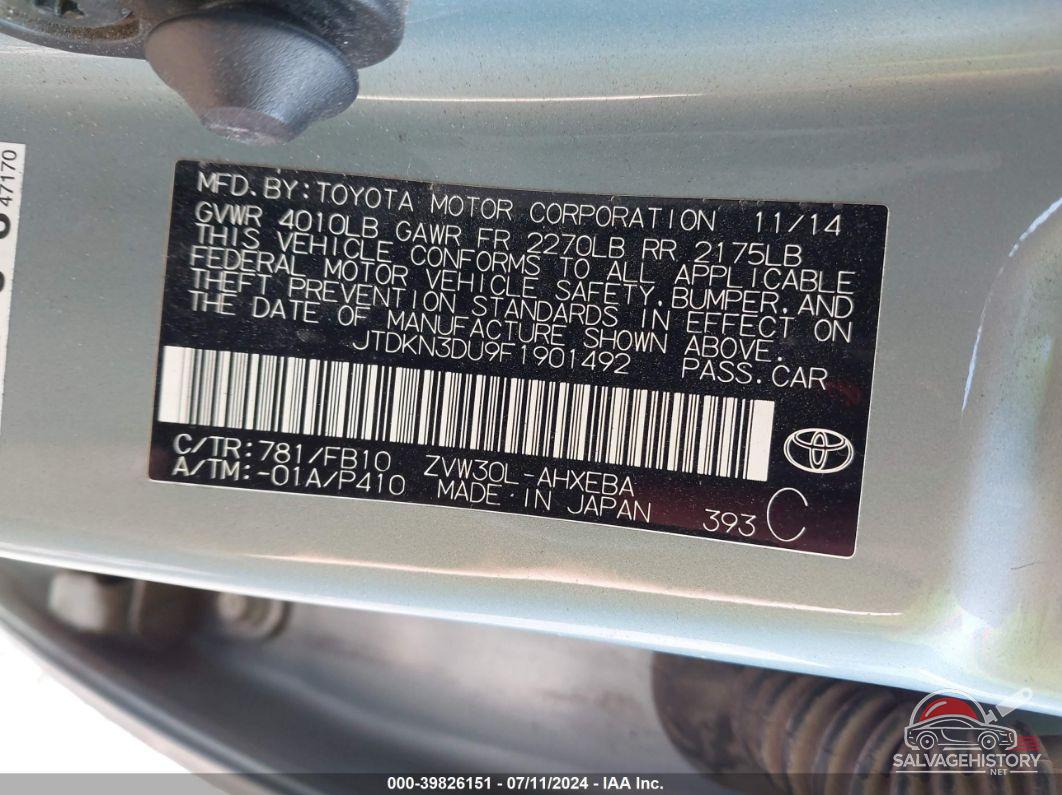 JTDKN3DU9F1901492 2015 TOYOTA PRIUS photo no. 9