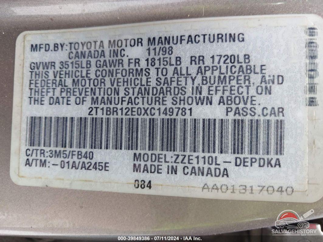 2T1BR12E0XC149781 1999 TOYOTA COROLLA photo no. 9