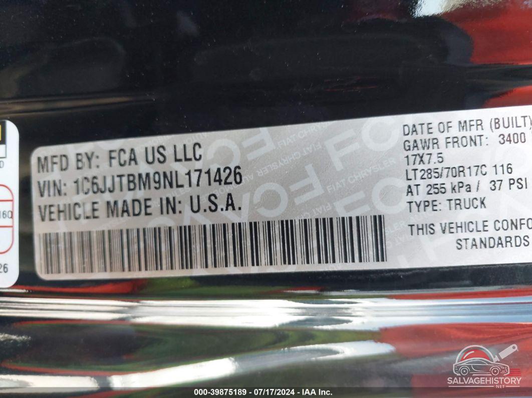 1C6JJTBM9NL171426 2022 JEEP GLADIATOR photo no. 9