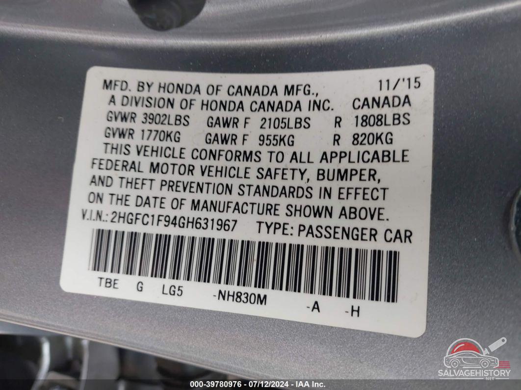2HGFC1F94GH631967 2016 HONDA CIVIC photo no. 9