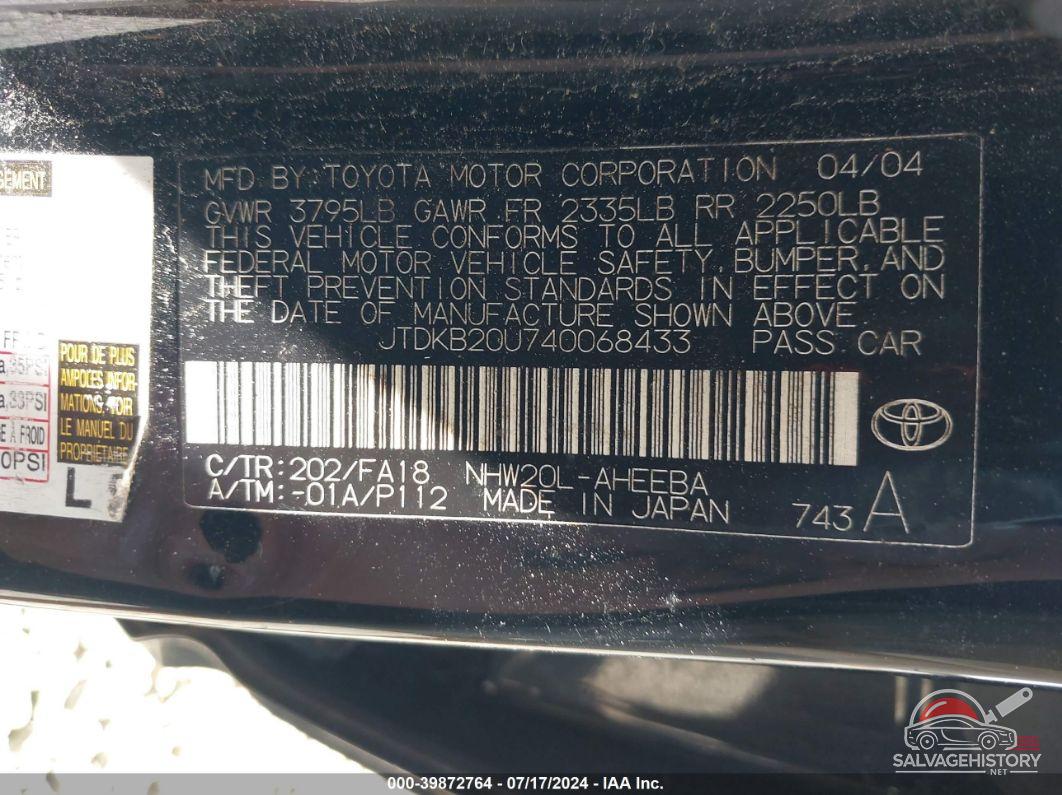 JTDKB20U740068433 2004 TOYOTA PRIUS photo no. 9