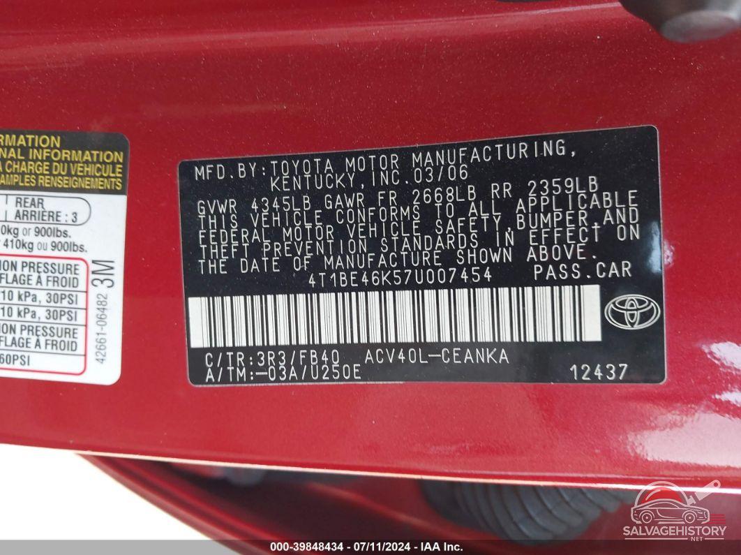 4T1BE46K57U007454 2007 TOYOTA CAMRY photo no. 9