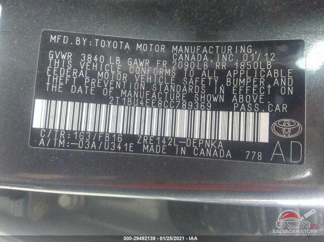 2T1BU4EE8CC789369 2012 TOYOTA COROLLA photo no. 9