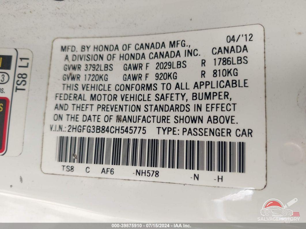 2HGFG3B84CH545775 2012 HONDA CIVIC photo no. 9