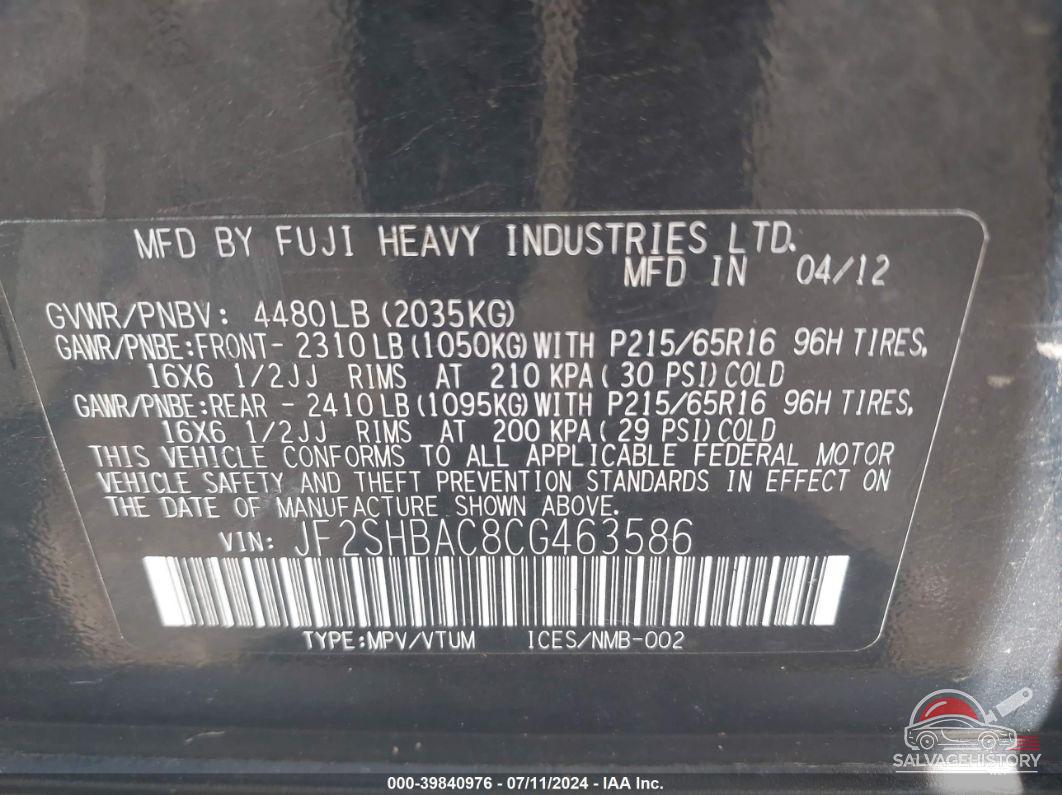 JF2SHBAC8CG463586 2012 SUBARU FORESTER photo no. 9