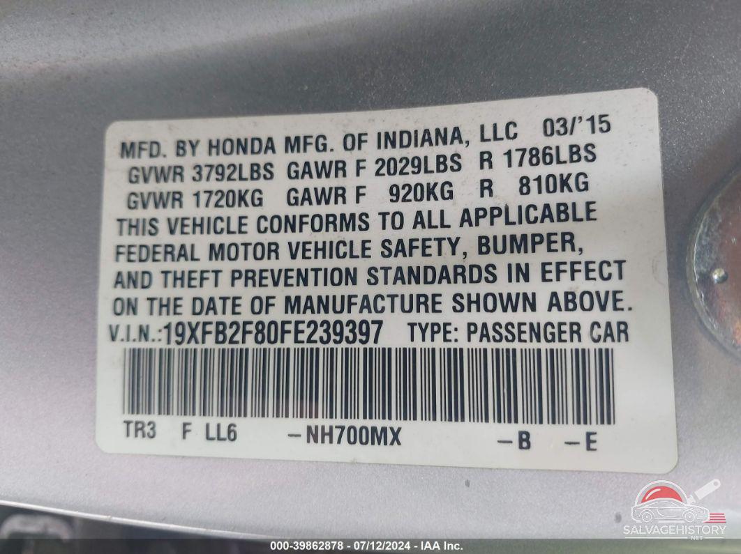 19XFB2F80FE239397 2015 HONDA CIVIC photo no. 9