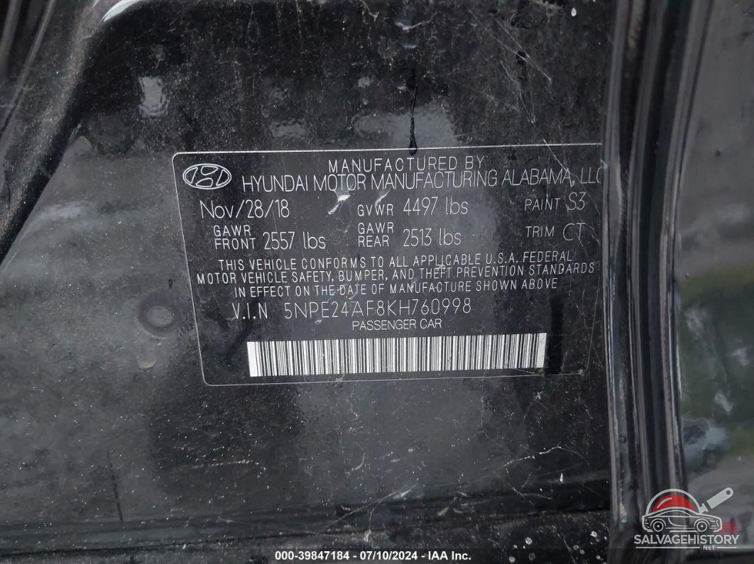 5NPE24AF8KH760998 2019 HYUNDAI SONATA photo no. 9